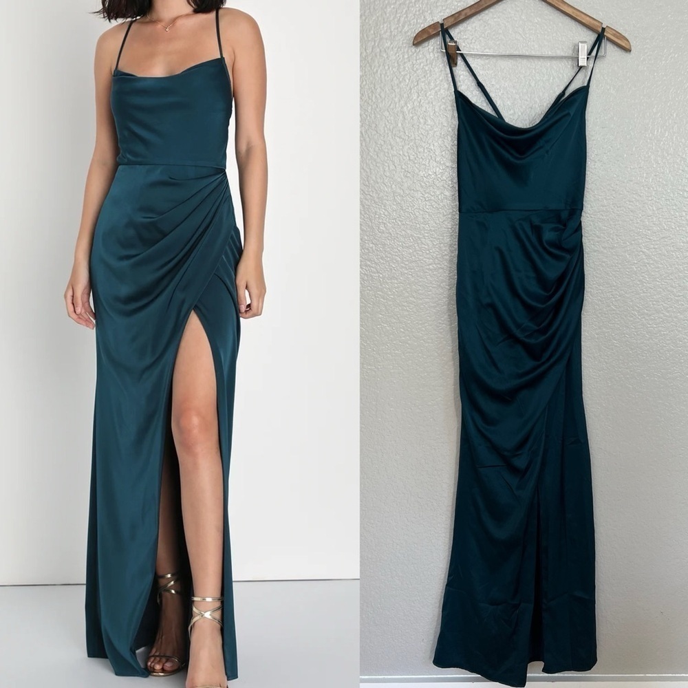 NWOT Moments of Beauty Dark Teal Satin Cowl Neck Tulip Maxi Dress
